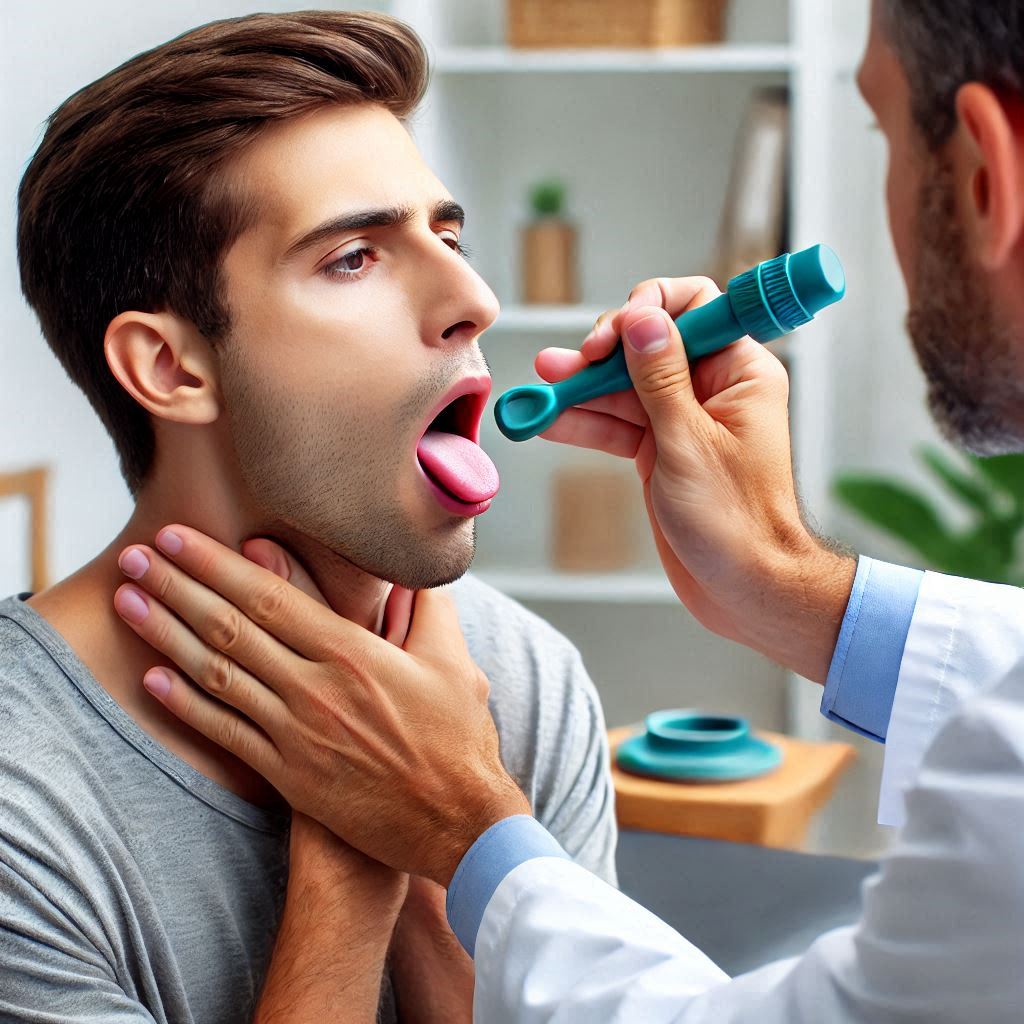 A patient performing swallowing exercises with a therapist, working on improving swallowing function and strength.