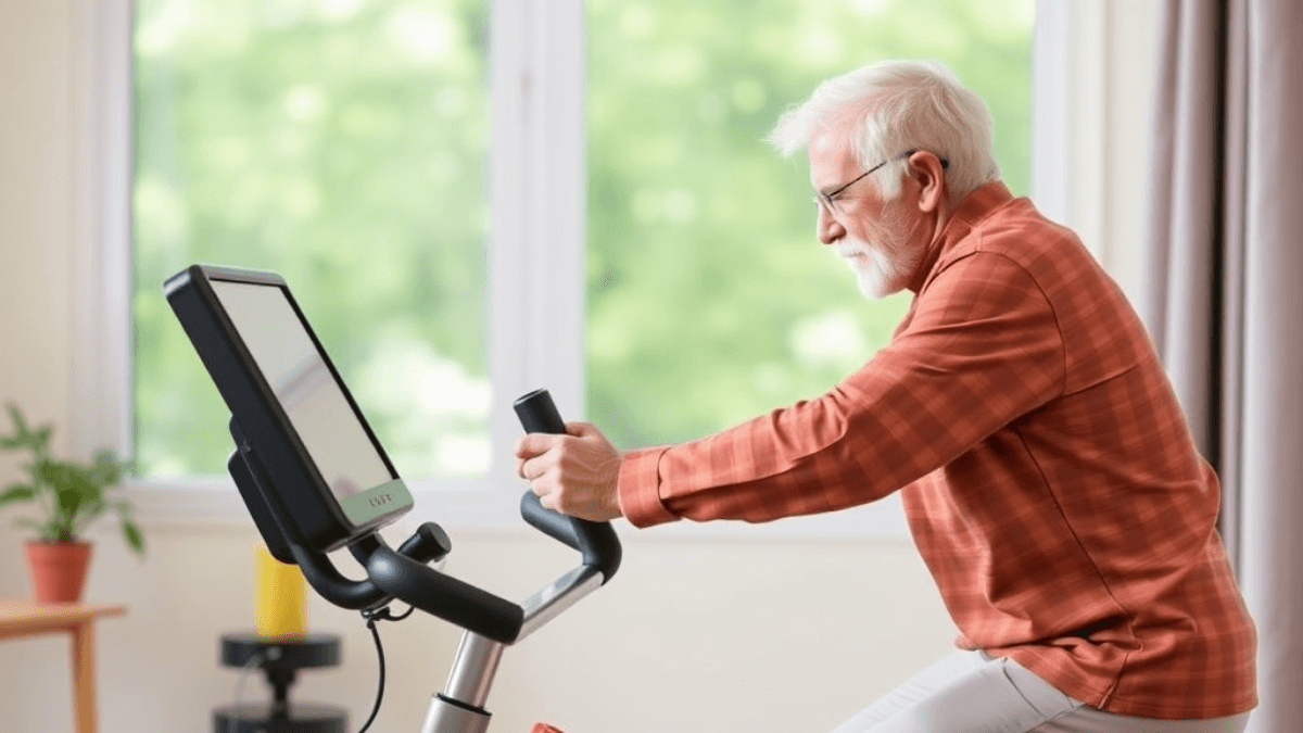 A stroke recovery patient working out on a stationary bike.