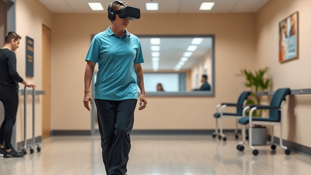 A stroke patient using virtual reality for walking rehabilitation.