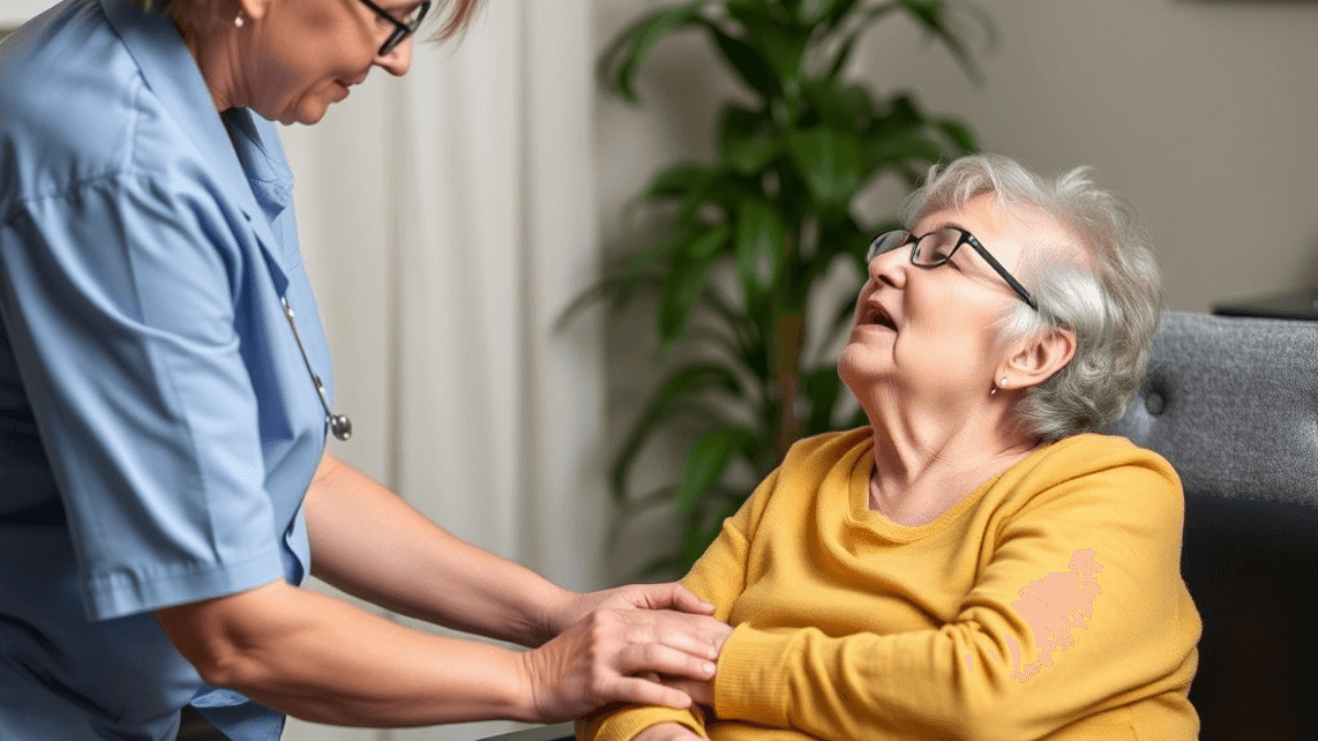 A stroke patient performing swallowing exercises with a therapist.