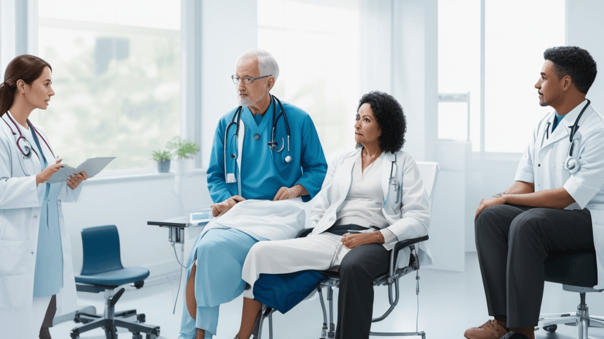 A doctor discussing stroke recovery treatment with a patient.